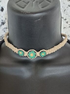 Panama Jack Beige Macramé Choker with Green & Yellow Floral Accents